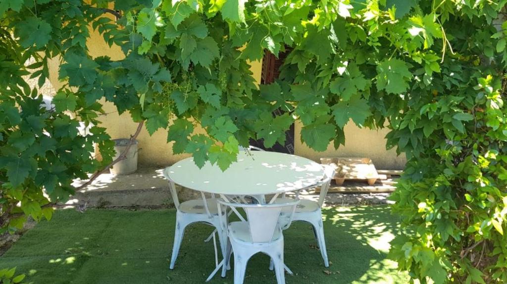 uma mesa branca e duas cadeiras debaixo de uma árvore em Location de vacances (maison) Chez MIMMO em La Verdière