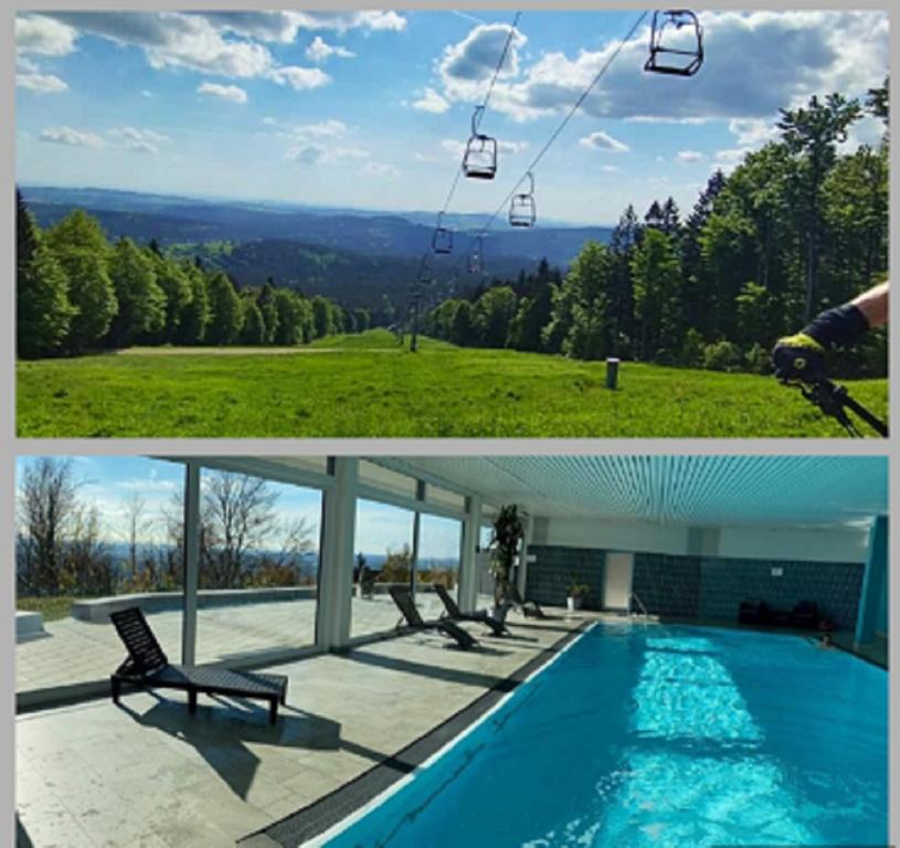 een collage van twee foto's van een zwembad bij Traumblick Bayerischer Wald, Pool & Sauna, Getränke, Klimaanlage in Freyung