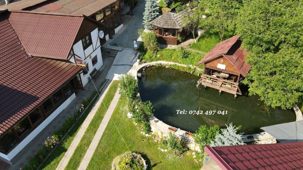 an overhead view of a house and a river with a house at Cazare Rustic Nagy in Vişeu de Sus