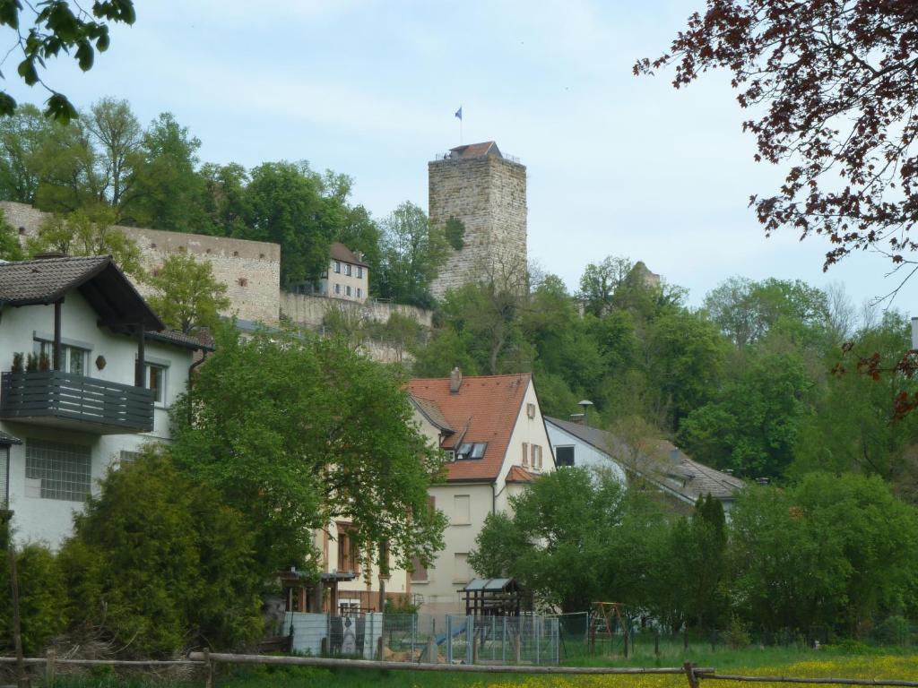 un grupo de casas con un castillo en la colina en Ferienwohnung zur Altmühl, en Pappenheim