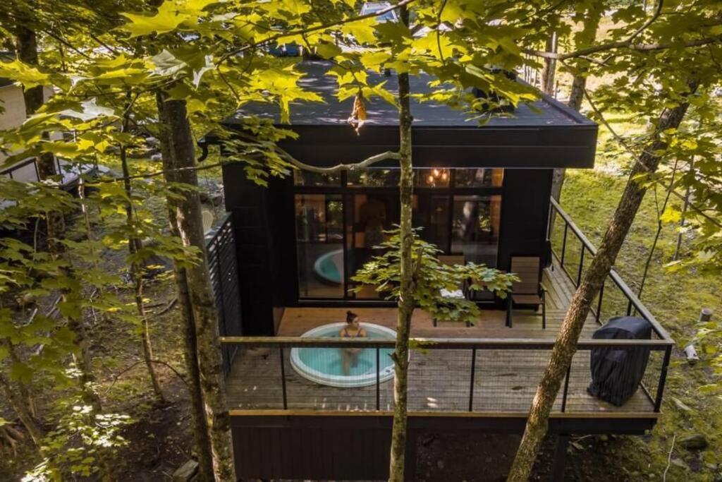 une cabane dans les arbres avec une piscine dans les bois dans l'établissement Cabin Sutton 252 - En harmonie avec la nature!, à Sutton