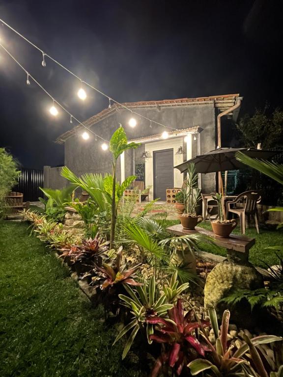 ein Haus mit einem Garten in der Nacht mit Lichtern in der Unterkunft Tiny Home Garden Bananeiras in Bananeiras