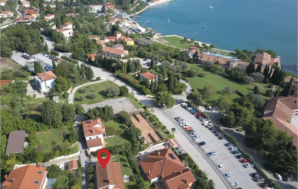arial view of a city with a road and a red sign at Awesome Apartment In Portoroz With Wifi in Portorož