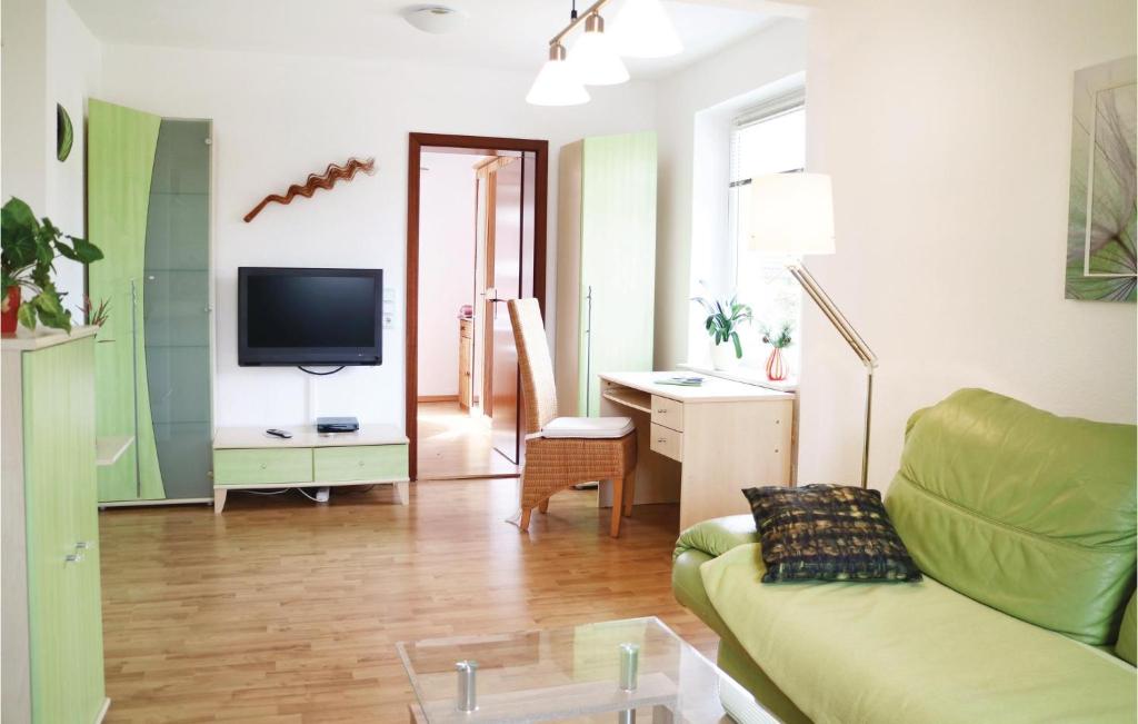 a living room with a green couch and a tv at 1 Bedroom Pet Friendly Apartment In Brgerende in Börgerende-Rethwisch