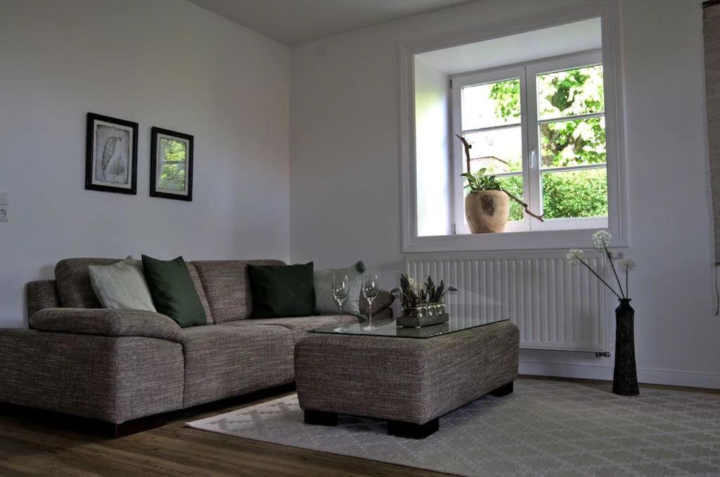 uma sala de estar com um sofá e uma mesa de centro em Apartment in ruhiger Wohnlage Sie sind in 3 Minuten am Trebbower See oder in 30 Minuten an der Ostsee em Klein Trebbow