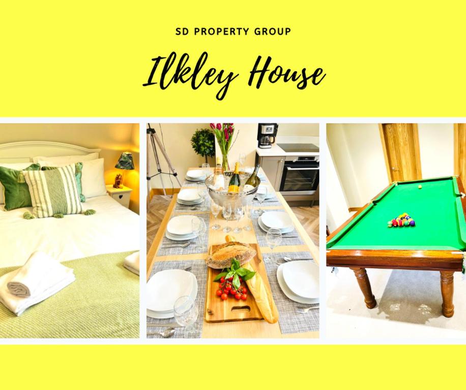 a collage of pictures of a dining room with a pool table at Ilkley House in Ilkley