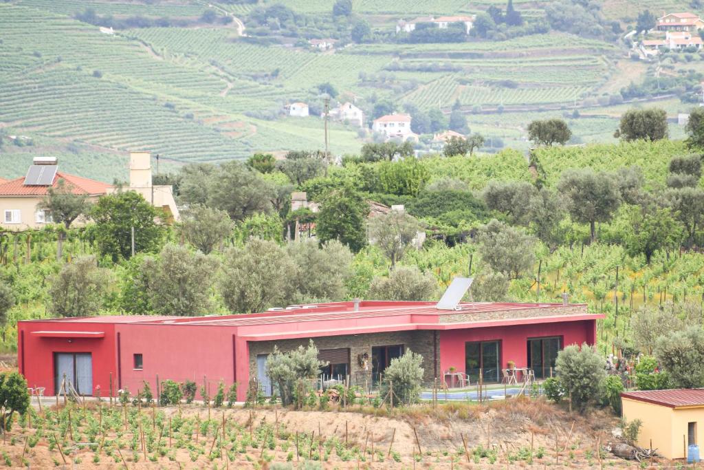 a red building on a hill next to a vineyard at Quinta dos Padrinhos - Suites in the Heart of the Douro in Lamego
