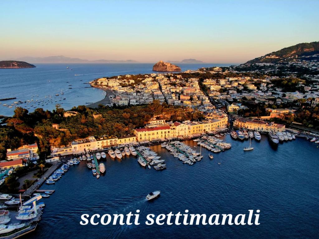 an aerial view of a harbor with boats in the water at Casa Giusto Ischia in Ischia Town
