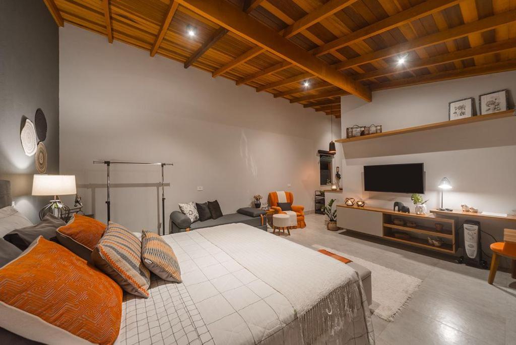 Un dormitorio con una cama grande y una sala de estar. en LOFT LUZ, en Santo Antônio do Pinhal