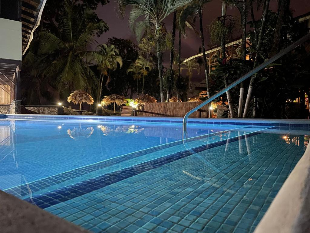 a swimming pool at night with palm trees at Perla Negra Beachfront in Puerto Viejo