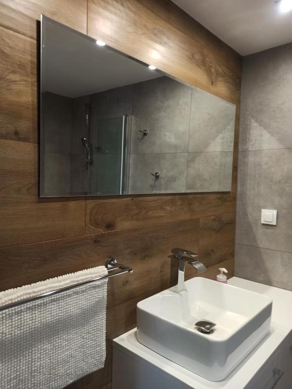 ein Badezimmer mit einem weißen Waschbecken und einem Spiegel in der Unterkunft Diament Rogowo in Rogowo
