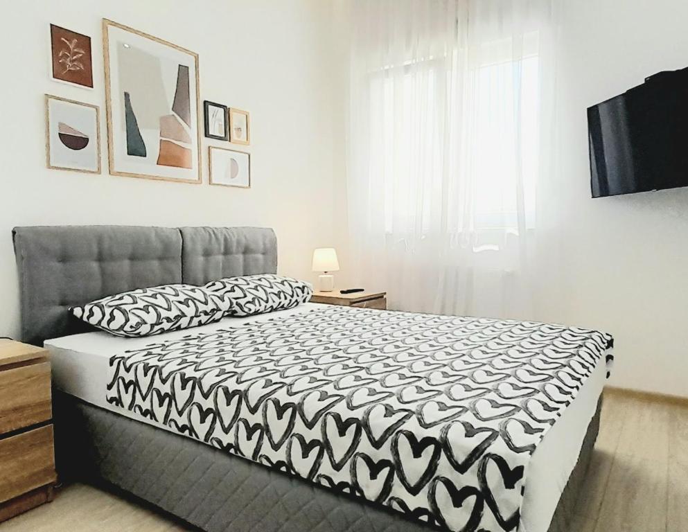 Un dormitorio con una cama en blanco y negro y una ventana en Apartman Kod Ane en Banja Koviljača