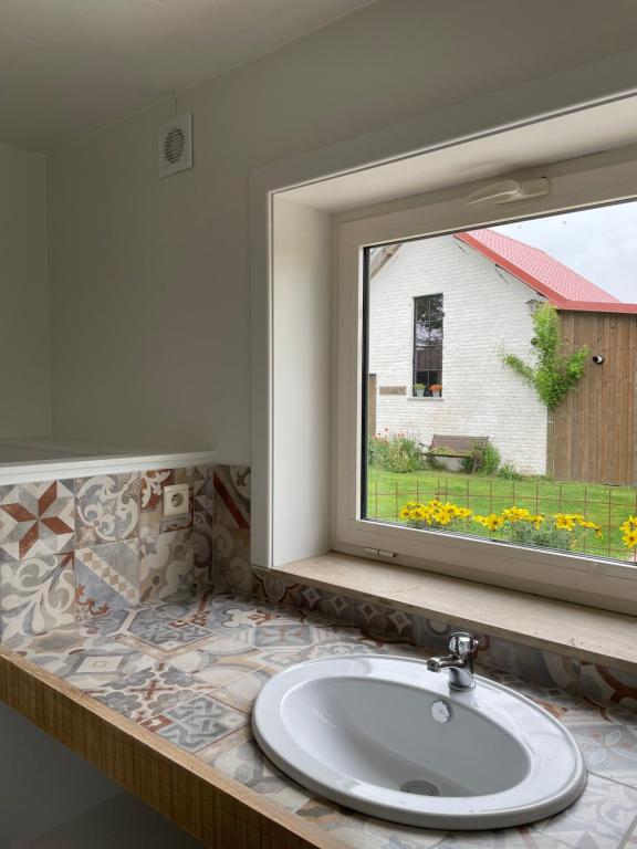 a bathroom with a sink and a window at De Wabisabiboerderij in Oedelem