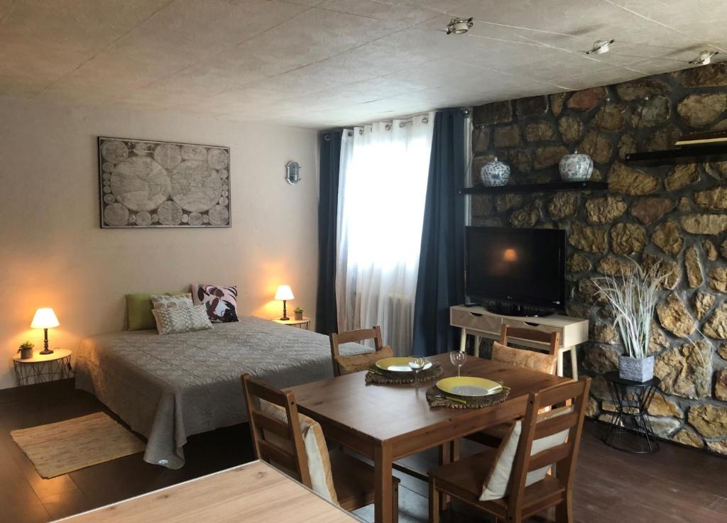 a bedroom with a bed and a table and a television at Studio Bijou Plage Antibes Juan-les-Pins in Antibes