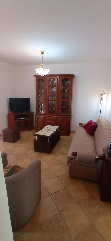 een woonkamer met een bank en een tv bij Apartman S Igalo in Herceg-Novi