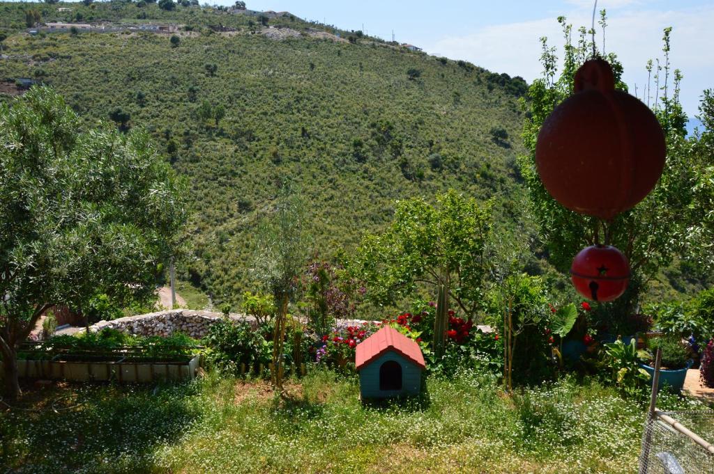 a garden with a bird house and a hill at Mirror Beach Ksamil - Vila Zervo in Sarandë