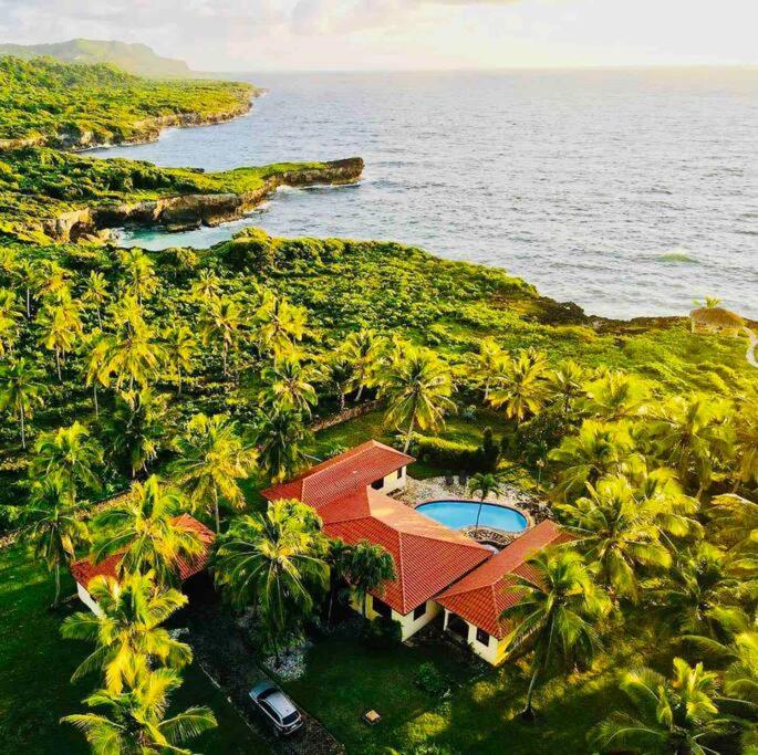 una vista aérea de una casa con palmeras y el océano en PALM HOUSE - LUXURY VILLA - SAMANÁ - Ocean Front en Sánchez