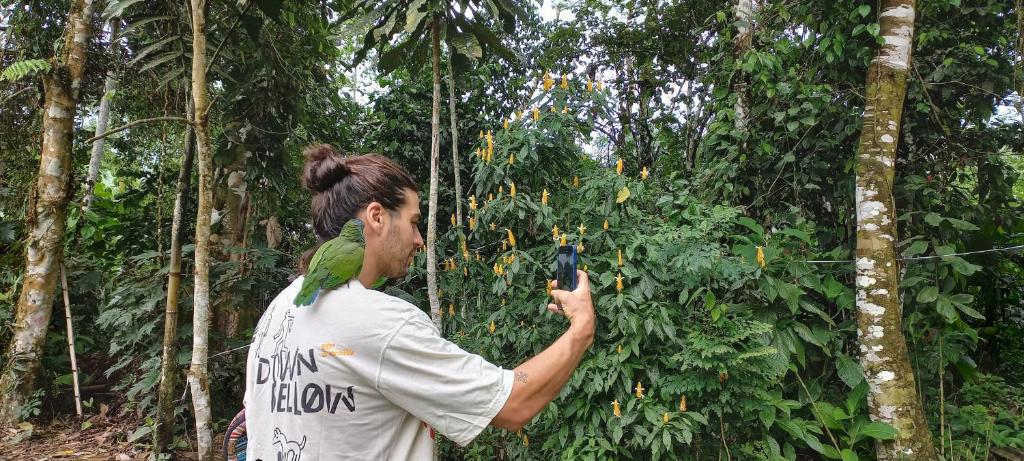 a woman with a parrot on her shoulder taking a picture at Ayawaska Atractivo Sacha Wasi in Nueva Loja