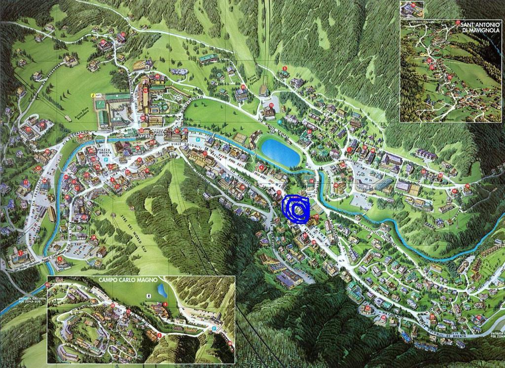 een kaart van een park met een resort bij Campiglio Trilocale Monte Spinale in Madonna di Campiglio