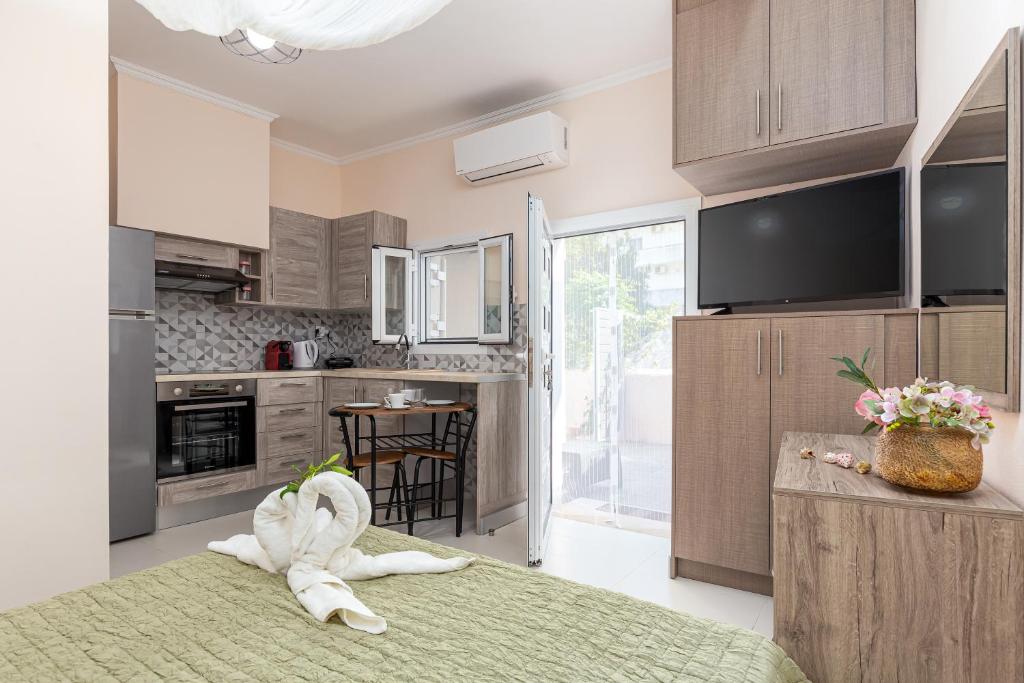 Kuchyň nebo kuchyňský kout v ubytování Fouki apartments Ipsos Beach
