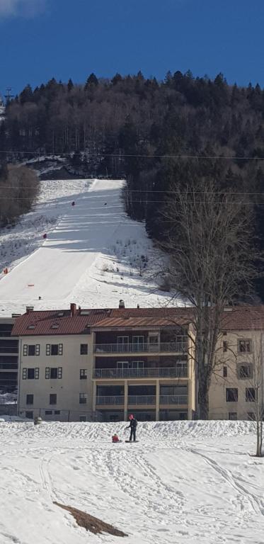 une personne debout dans la neige devant un bâtiment dans l'établissement Lelexine, à Lélex