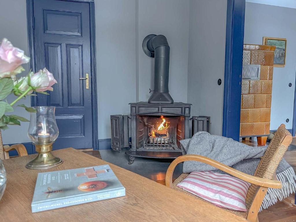 a fireplace in a room with a table with a book at traumHaff denkmalgeschützter Amalienhof Sauna, offener Kamin, Hund in Gegensee