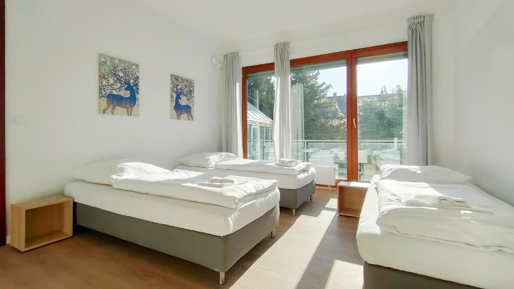 - 3 lits dans une chambre avec fenêtre dans l'établissement RAJ Living - City Apartments with 2 , 3 and 6 Rooms - 15 Min to Messe DUS and Old Town DUS, à Düsseldorf