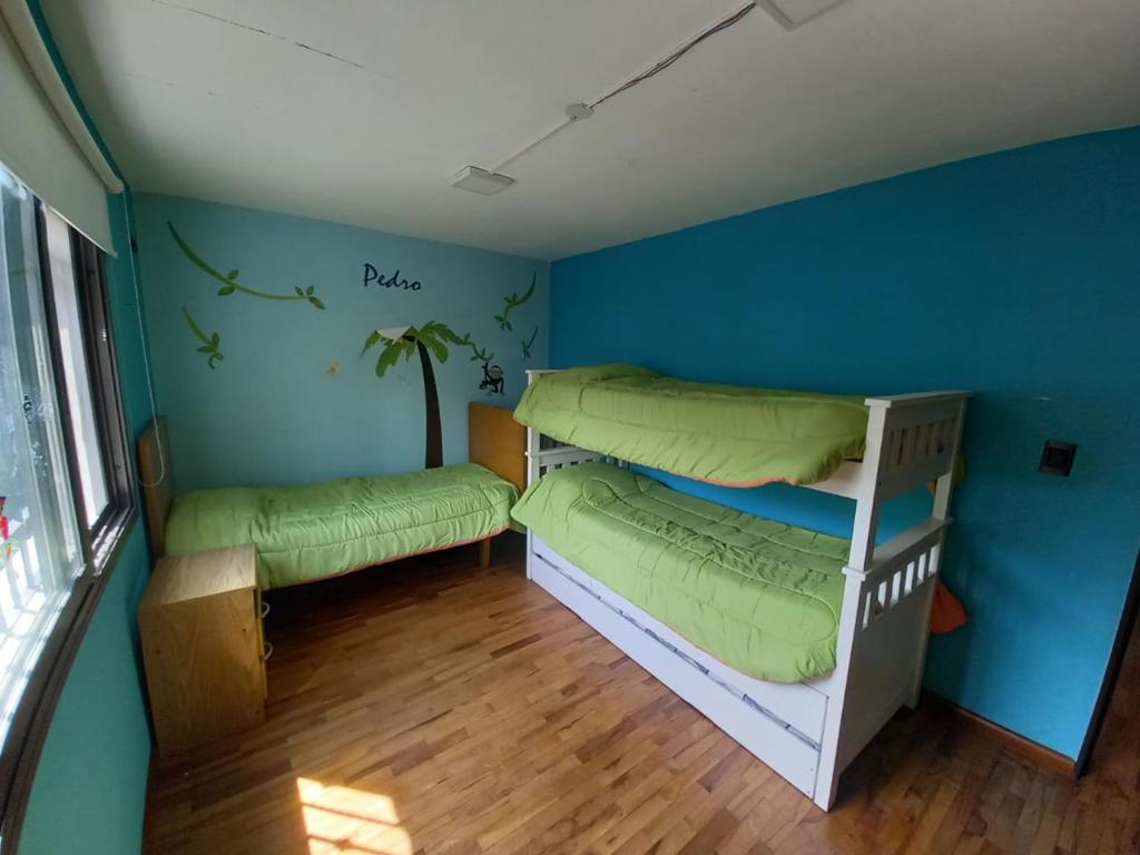 2 Etagenbetten in einem Zimmer mit blauen Wänden in der Unterkunft La Mexicana - Alta Gracia in Alta Gracia