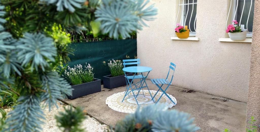 two blue chairs and a table and some plants at Fleurs de Cosmos in Albi