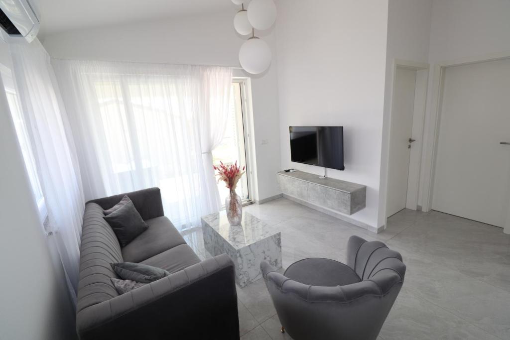 salon z 2 krzesłami i telewizorem w obiekcie Vrsi Apartments w mieście Vrsi