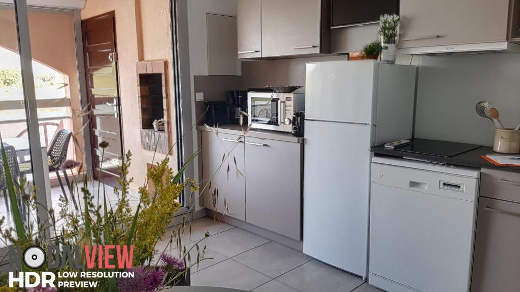 a kitchen with white appliances and a white refrigerator at Quai de la lagune - vue sur la Marina in Saint-Cyprien