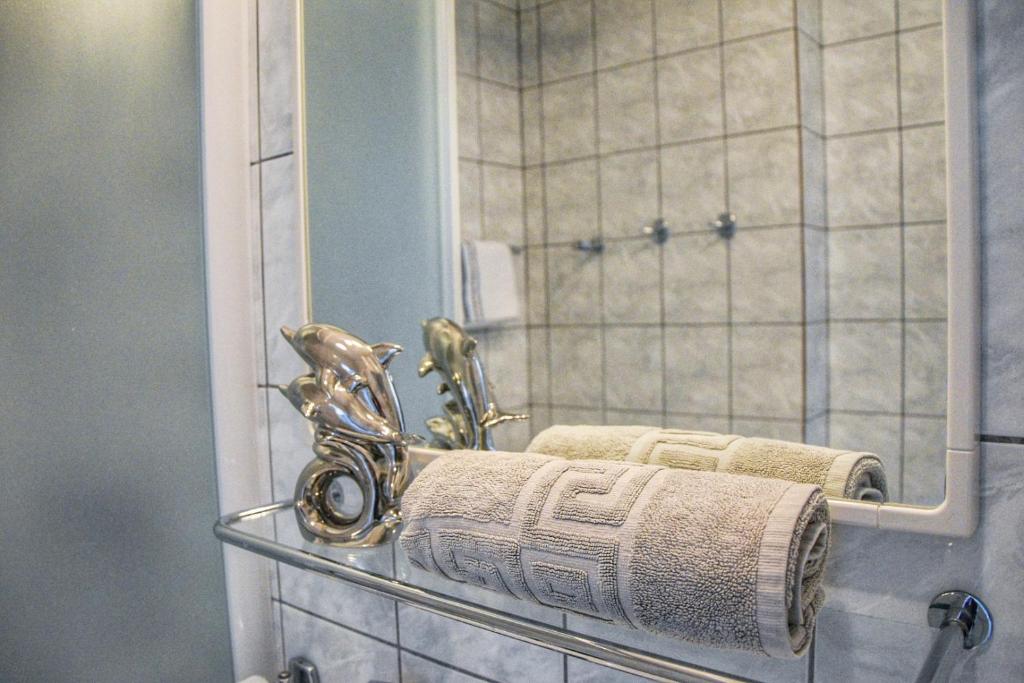 un porte-serviettes dans une salle de bain avec un miroir dans l'établissement Apartments Sena, à Bol