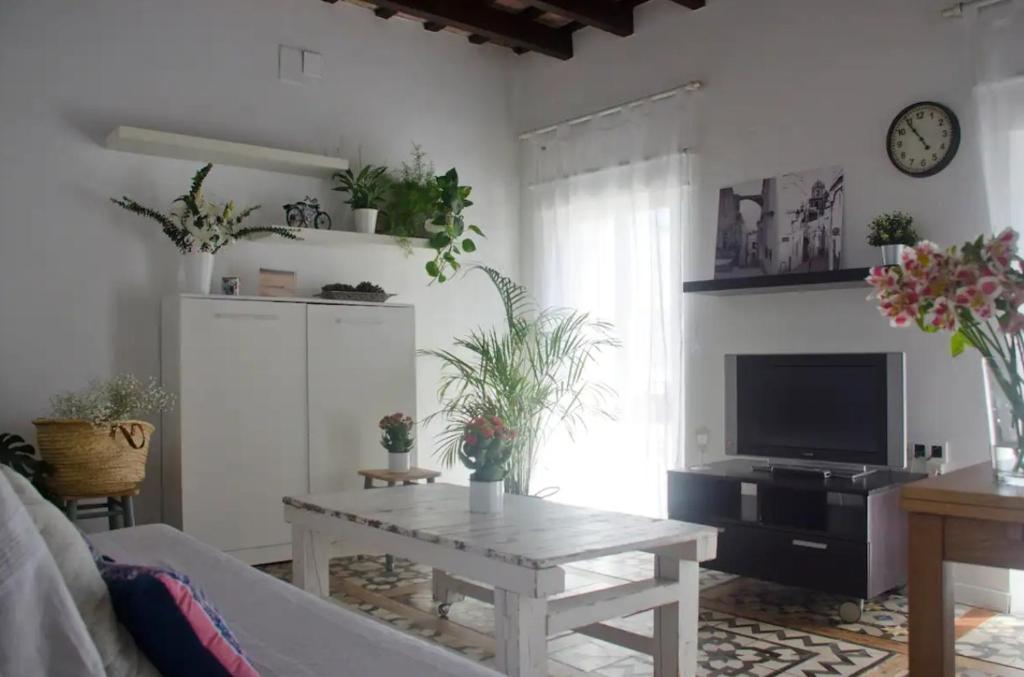 salon z kanapą, stołem i telewizorem w obiekcie Apartamentos San Hiscio w mieście Tarifa