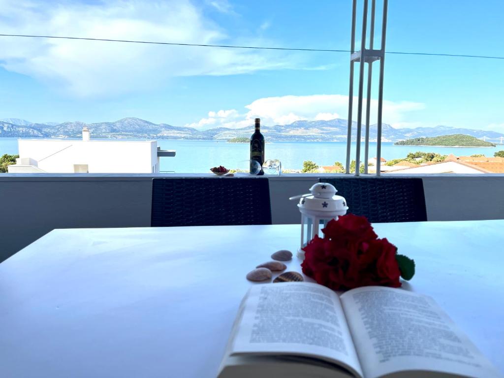 un libro abierto sobre una mesa con una botella de vino en Apartments Medic en Drače