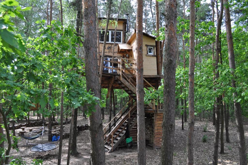 una casa en el árbol en medio de los árboles en Willa na Drzewie en Rudka Gołębska