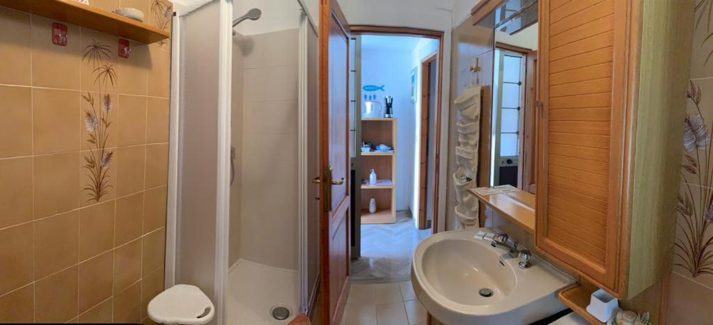 e bagno con lavandino, servizi igienici e doccia. di La camera del mulino a Levanto