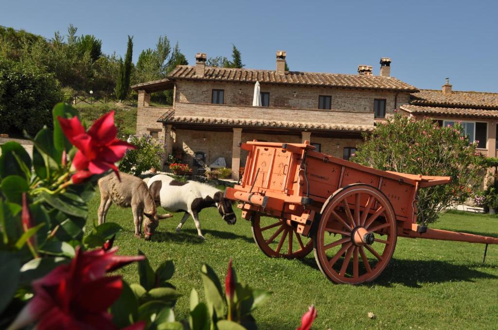 two goats and a wooden cart in front of a house at Farm stay Il Carro del Colle in Collevalenza