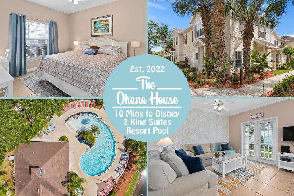 un collage de fotos de una casa con piscina en Charming Townhouse with 2 King Suites & Amazing Pool only 10 Mins to Disney, en Kissimmee