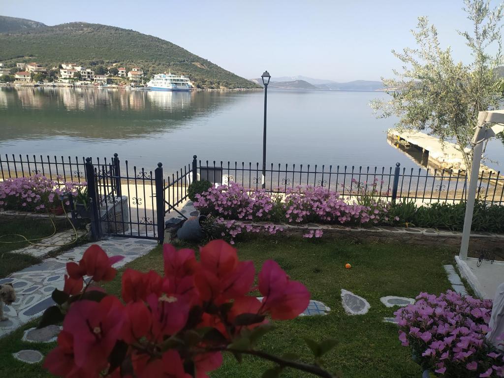 a view of a body of water with flowers at Blue Dreams in Almiropótamos
