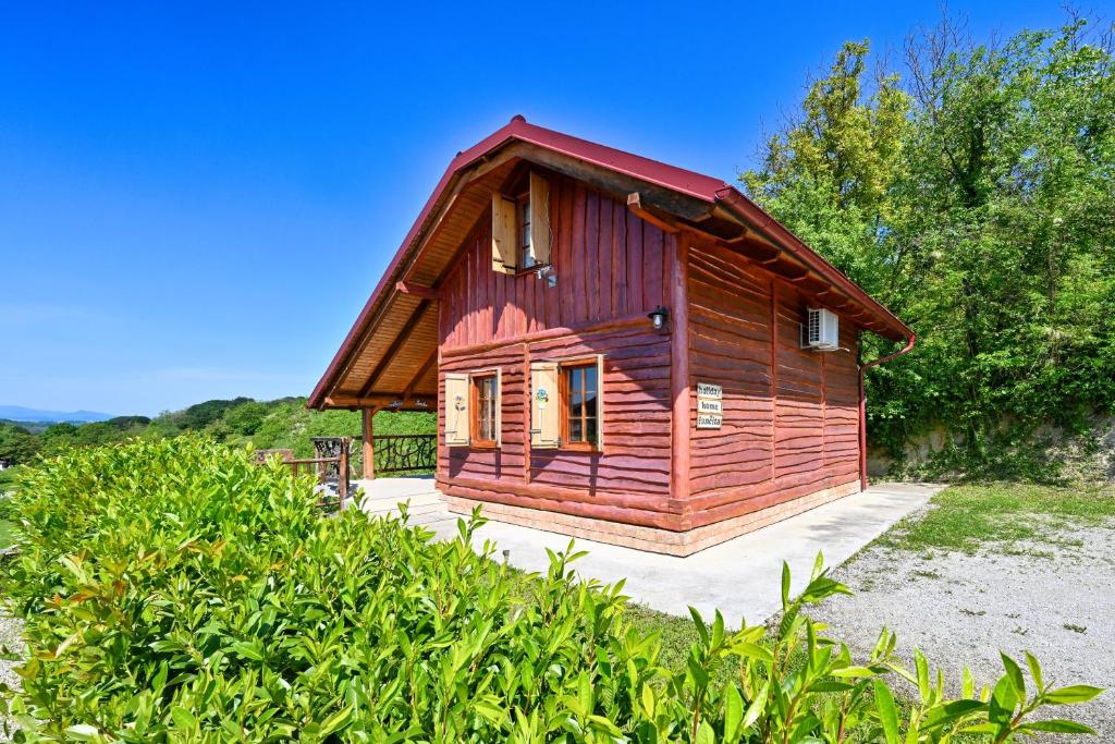 une petite cabane en bois avec un toit rouge dans l'établissement Holiday Home Fančita, à Tuheljske Toplice