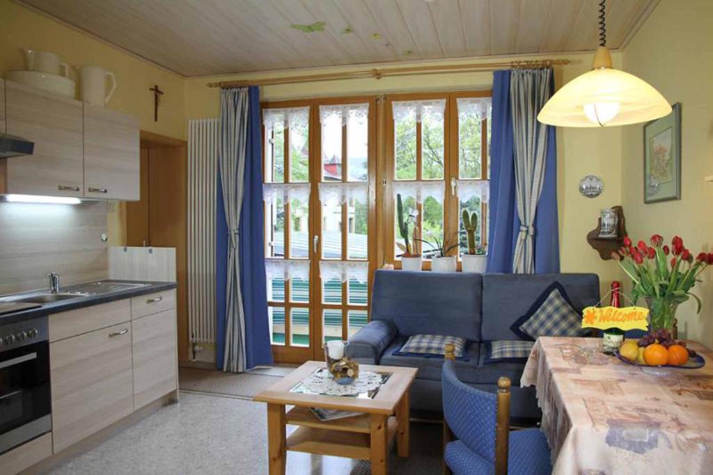 ein Wohnzimmer mit einem blauen Sofa und einem Tisch in der Unterkunft Landhaus Panorama in Bayerisch Eisenstein