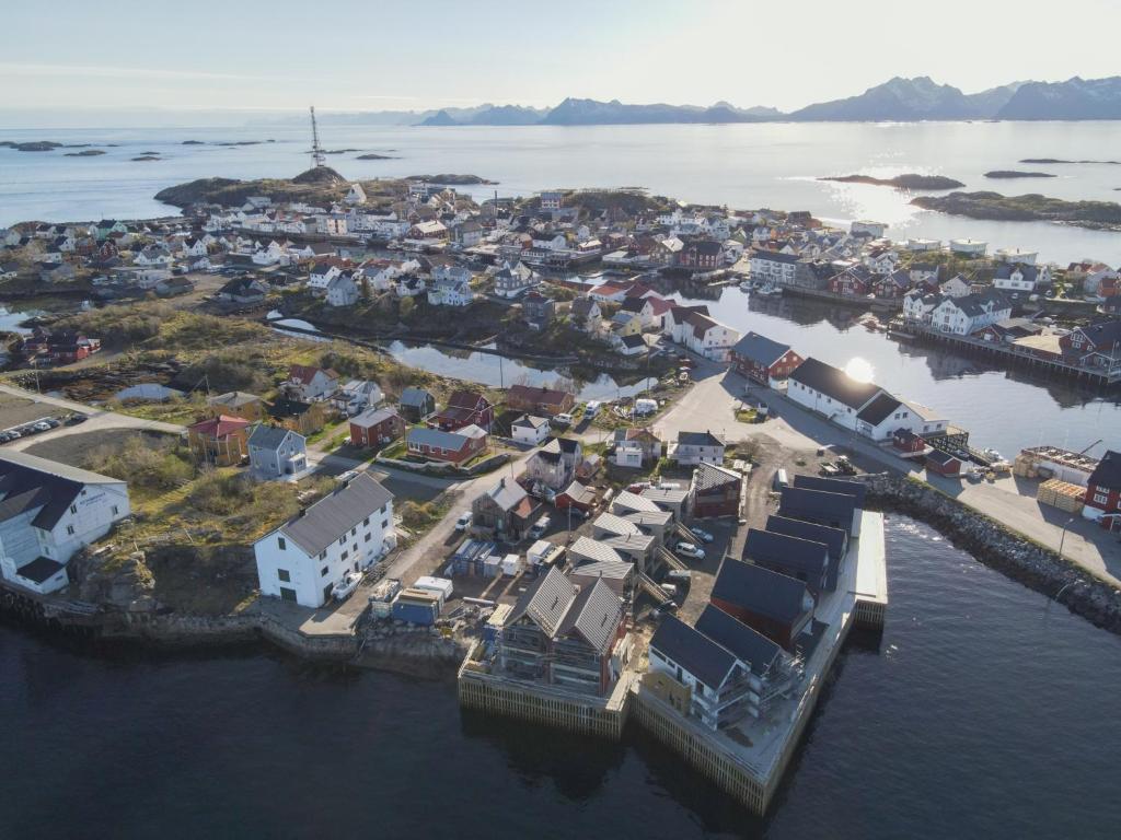 an aerial view of a small island in the water at Modern apartment in Henningsvær in Henningsvær