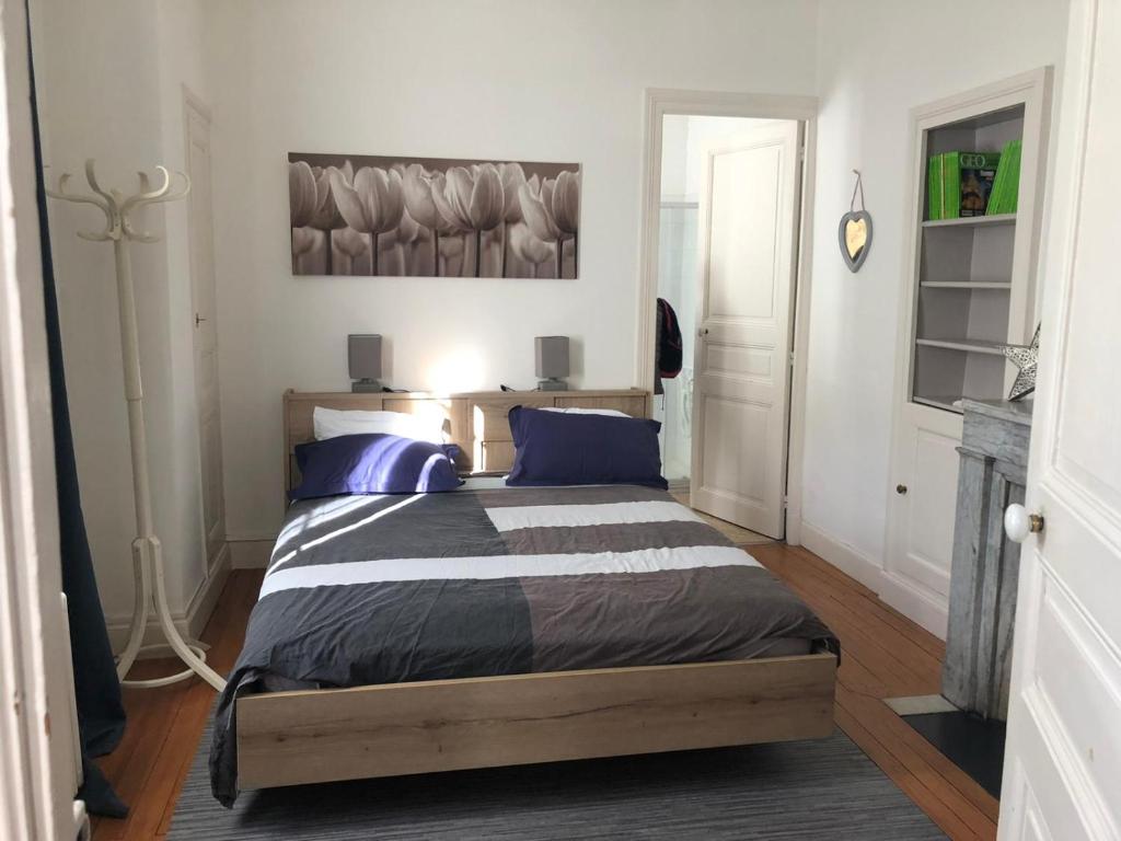 - une chambre avec un grand lit et des oreillers bleus dans l'établissement Luchon centre - maison de ville calme et lumineuse, à Luchon