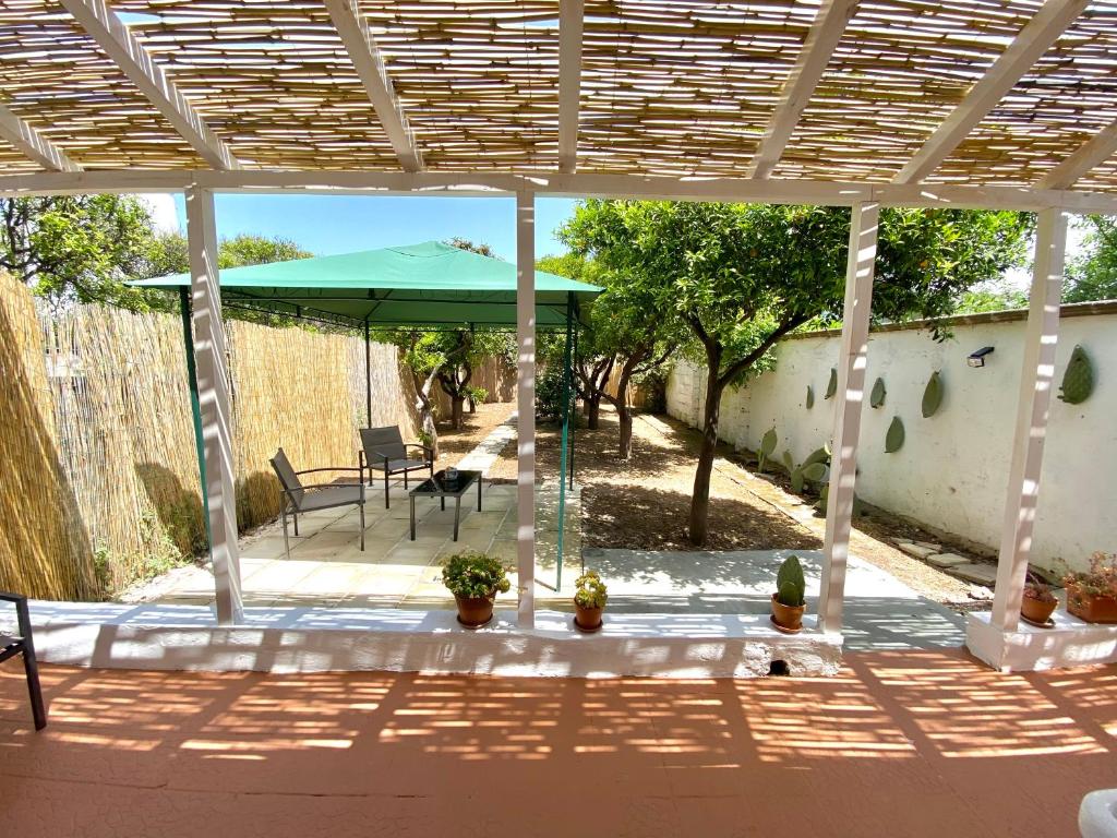 een patio met een groene parasol en een aantal planten bij La casa di Nina in Surano