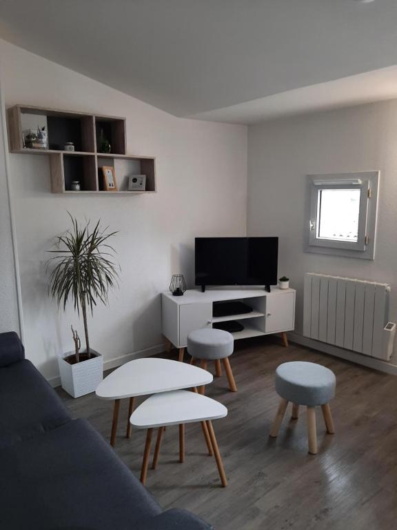 a living room with a couch and tables and a tv at Home-Sweet-Home Superbe appartement en hypercentre in La Rochelle