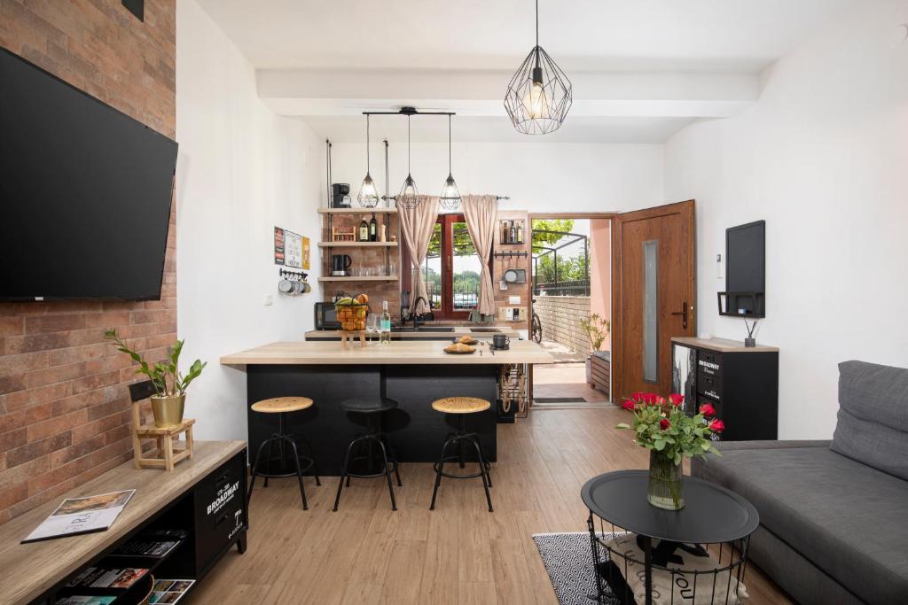 a kitchen and living room with a table and chairs at Apartments Ingrid in Pula