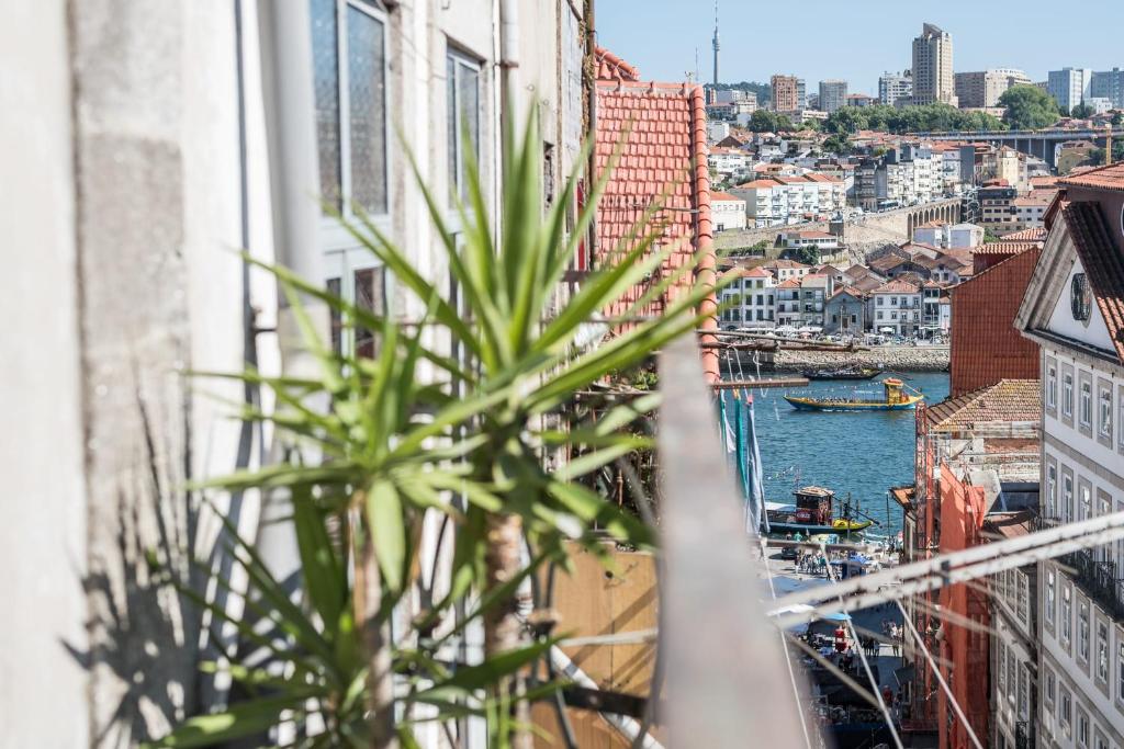 een plant op een balkon met uitzicht op een stad bij GuestReady - Minimalistic studio downtown in Porto