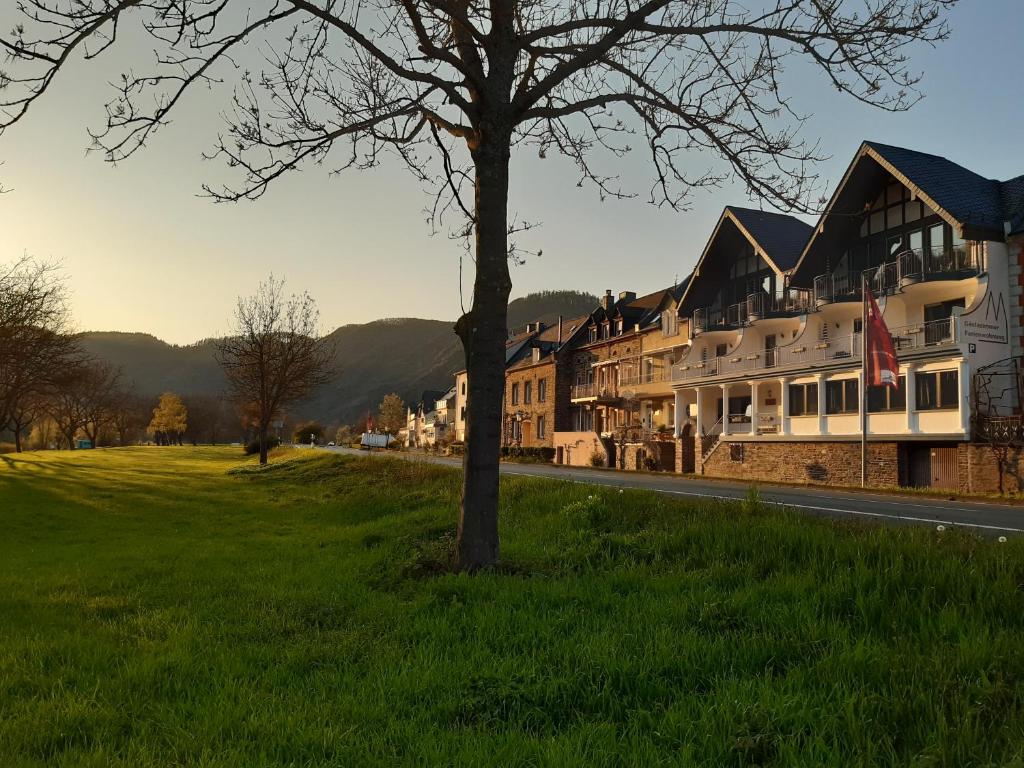 un bâtiment sur le côté d'une route avec un arbre dans l'établissement Haus Moselliebe B&B, à Ediger-Eller