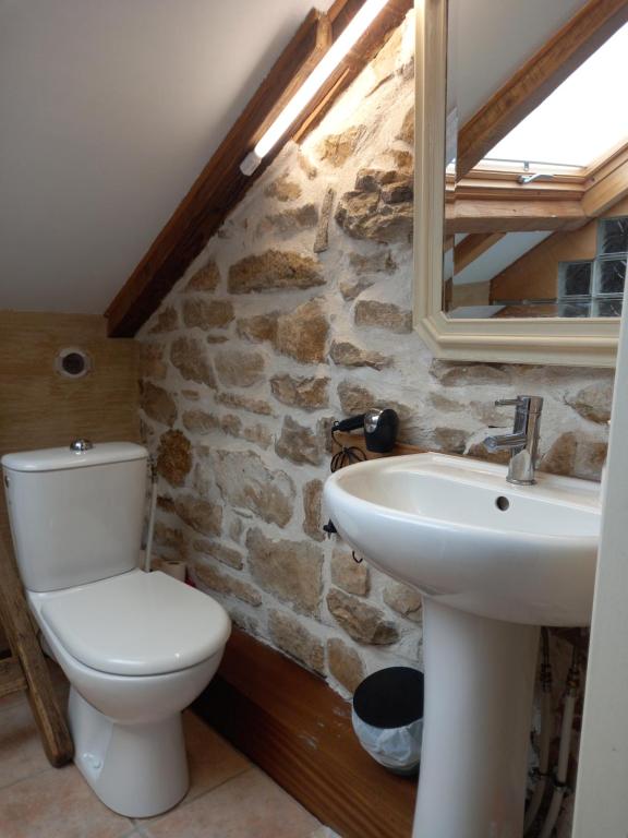 a bathroom with a white toilet and a sink at Gîte La Grange in Saint-Laurent-dʼOlt