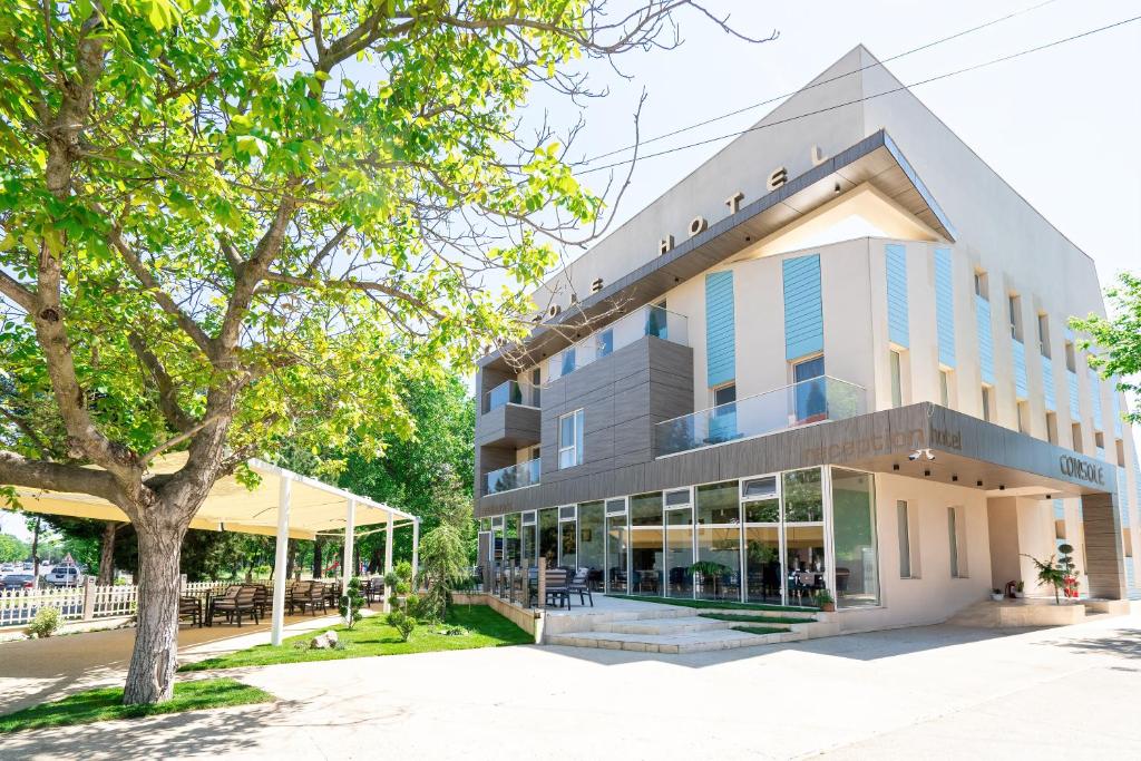 un immeuble de bureaux avec un arbre devant lui dans l'établissement Hotel Console, à Slobozia